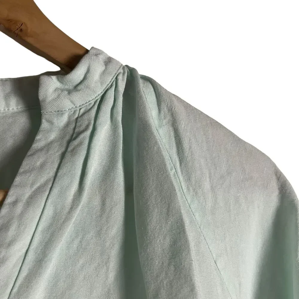 Amanda Uprichard Diego Light Blue Linen Puff Sleeve Split Neck Top Size XS - Picture 9 of 13